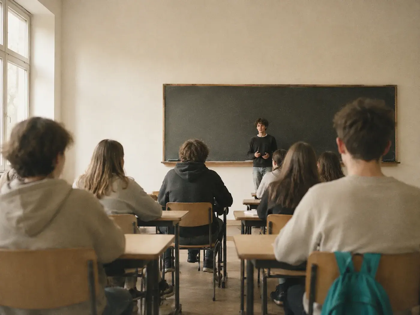 Blick von hinten durch ein Klassenzimmer auf eine Person, die vor der Tafel steht.